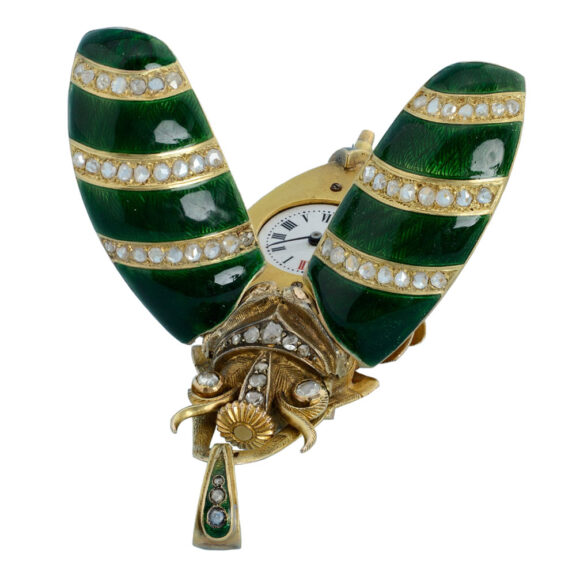 Swiss gold and enamel beetle form brooch watch Circa 1880 Swiss gold and enamel beetle form brooch watch Circa 1880