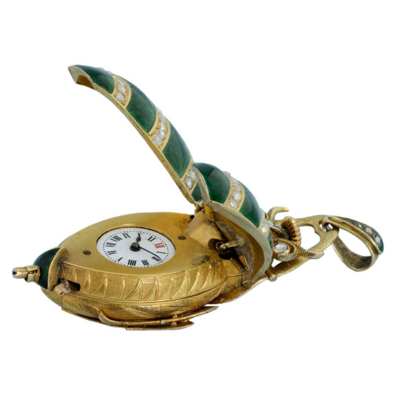 Swiss gold and enamel beetle form brooch watch Circa 1880 Swiss gold and enamel beetle form brooch watch Circa 1880