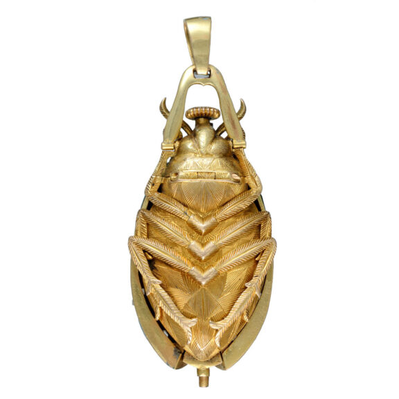 Swiss gold and enamel beetle form brooch watch Circa 1880 Swiss gold and enamel beetle form brooch watch Circa 1880