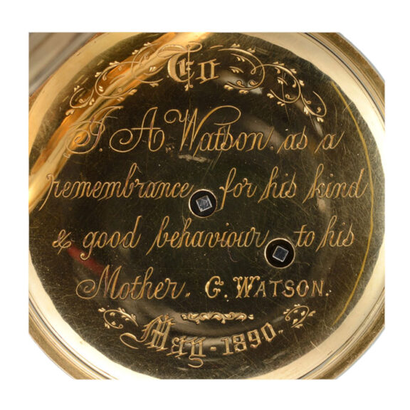 English gold open faced lever with power reserve Circa 1885 English gold open faced lever with power reserve Circa 1885