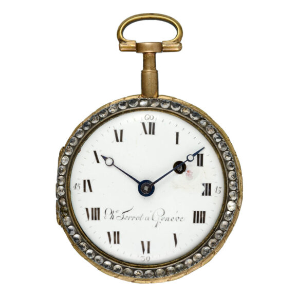 Swiss paste set enamelled gilt metal verge watch Circa 1790 Swiss paste set enamelled gilt metal verge watch Circa 1790