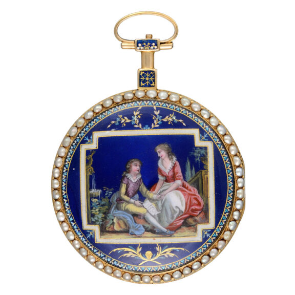 Swiss gold and enamel pearl set cylinder watch Circa 1800Swiss gold and enamel pearl set cylinder watch Circa 1800