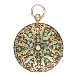 Decorative three colour gold turquoise set watch Circa 1830