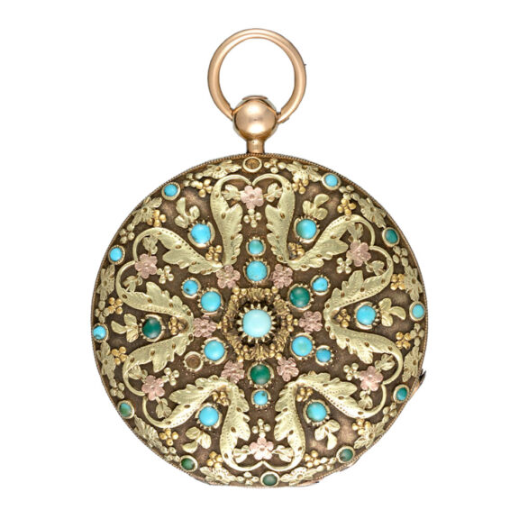 Decorative three colour gold turquoise set watch Circa 1830