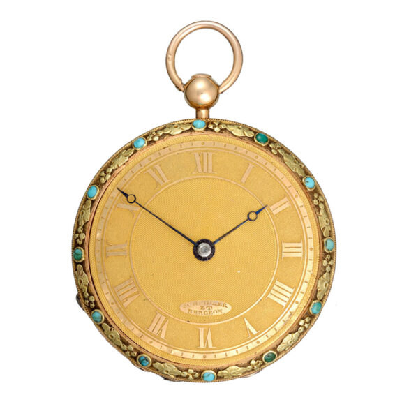 Decorative three colour gold turquoise set watch Circa 1830 Decorative three colour gold turquoise set watch Circa 1830
