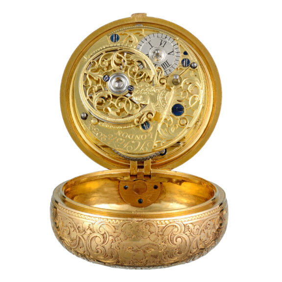 English gold repoussé verge in pair cases by Manly Circa 1743 English gold repoussé verge in pair cases by Manly Circa 1743