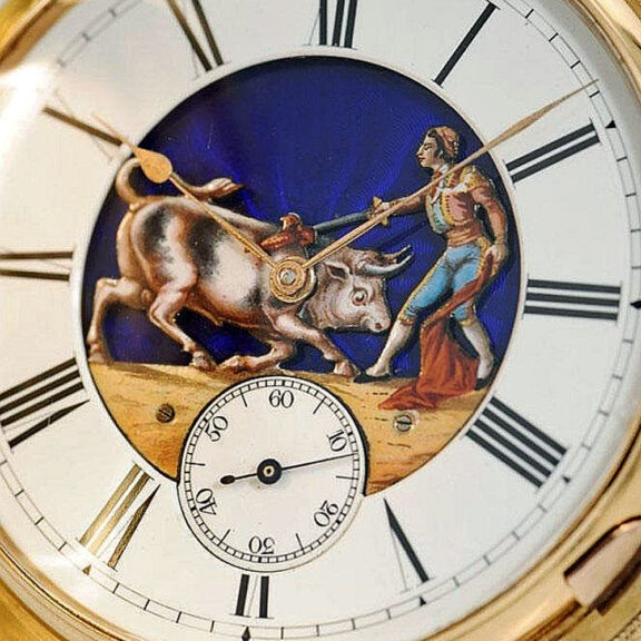 Swiss gold repeating hunting case watch with automaton Circa 1890 Swiss gold repeating hunting case watch with automaton Circa 1890