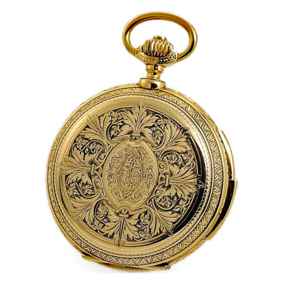 Swiss gold repeating hunting case watch with automaton Circa 1890 Swiss gold repeating hunting case watch with automaton Circa 1890