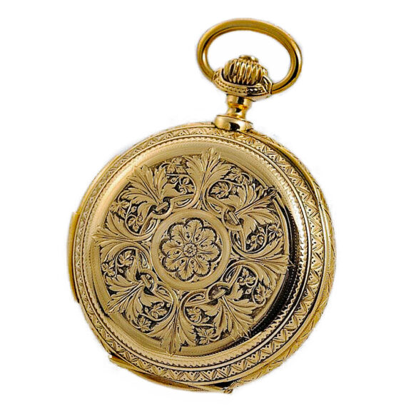 Swiss gold repeating hunting case watch with automaton Circa 1890 Swiss gold repeating hunting case watch with automaton Circa 1890