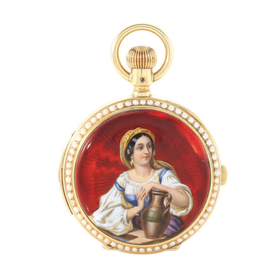 A Swiss gold and enamel repeater with jaquemarts Circa 1900