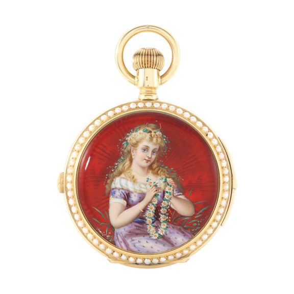 A Swiss gold and enamel repeater with jaquemarts Circa 1900 A Swiss gold and enamel repeater with jaquemarts Circa 1900