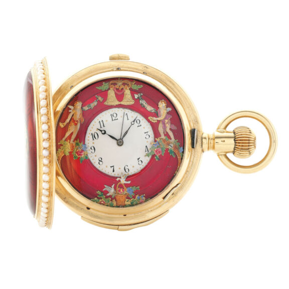 A Swiss gold and enamel repeater with jaquemarts Circa 1900 A Swiss gold and enamel repeater with jaquemarts Circa 1900