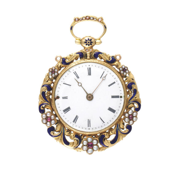 Swiss gold, enamel and split pearls set cylinder watch Circa 1850 Swiss gold, enamel and split pearls set cylinder watch Circa 1850