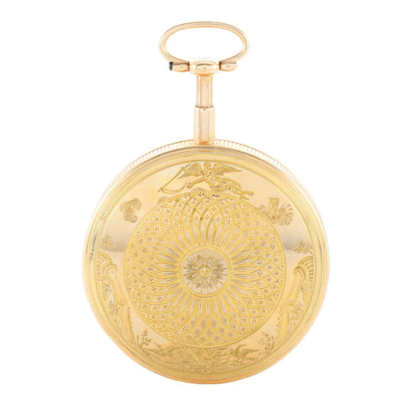 Swiss gold open faced minute repeating clock watch Circa 1810 Swiss gold open faced minute repeating clock watch Circa 1810