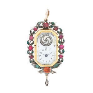 A Swiss gold and gem-set rectangular pendant watch Circa 1820