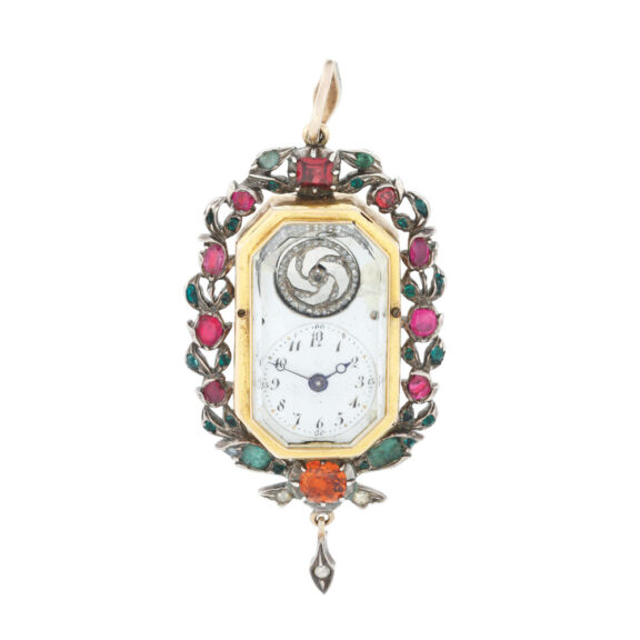 A Swiss gold and gem-set rectangular pendant watch Circa 1820