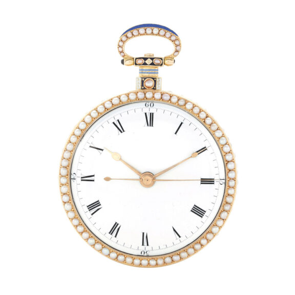 An exceptional Swiss gold, enamel and pearl set watch Circa 1820 An exceptional Swiss gold, enamel and pearl set watch Circa 1820