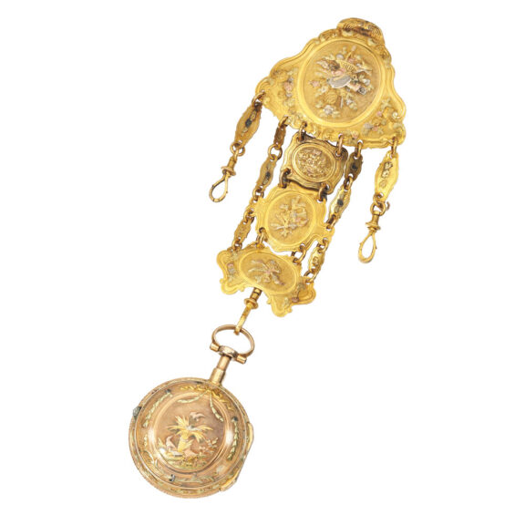 A French gold quarter repeating watch with chatelaine Circa 1780