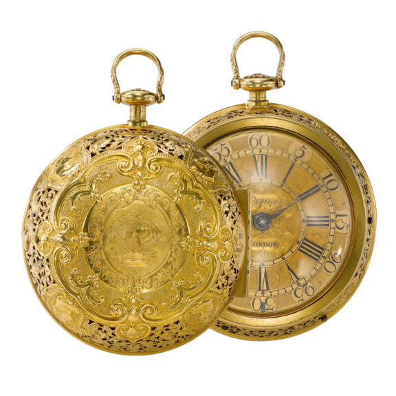 Fine, large English gold quarter pair cased verge Circa 1715