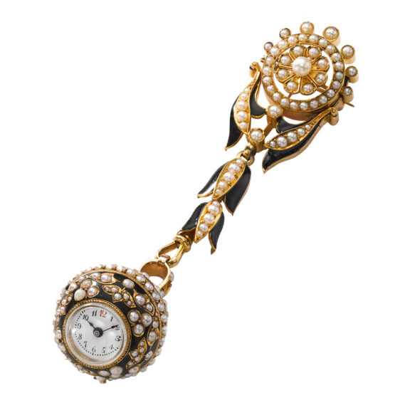 Swiss gold, enamel, pearl set ball form watch Circa 1910