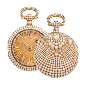 Fine Swiss rose gold and pavé pearl set verge Circa 1830