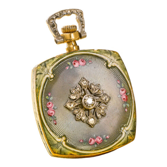 Swiss gold, diamond set cushion form watch Circa 1900