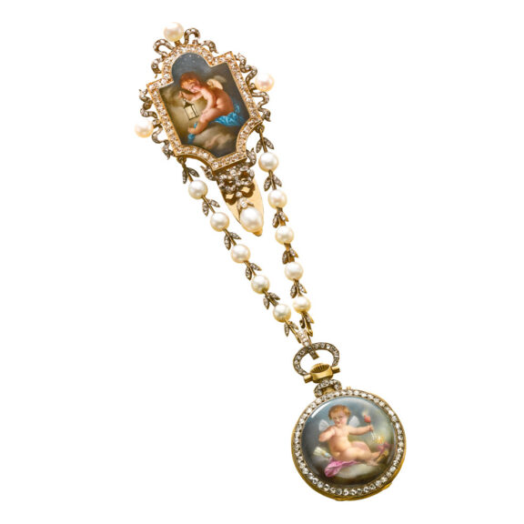 Fine French open faced cylinder with chatelaine Circa 1880