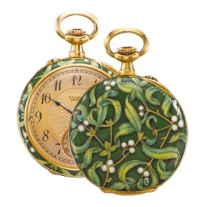 Swiss gold, enamel lever with mistletoe motif Circa 1910