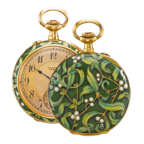 Swiss gold, enamel lever with mistletoe motif Circa 1910