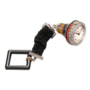 Platinum, diamond, coral, agate bell form watch Circa 1920