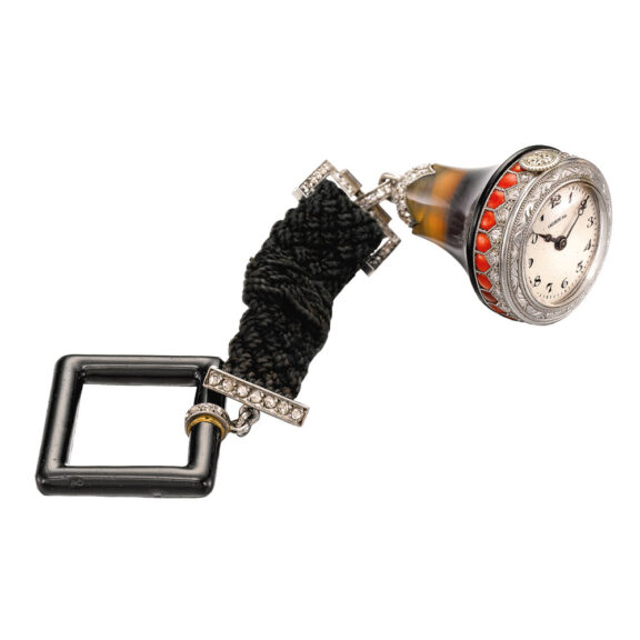 Platinum, diamond, coral, agate bell form watch Circa 1920