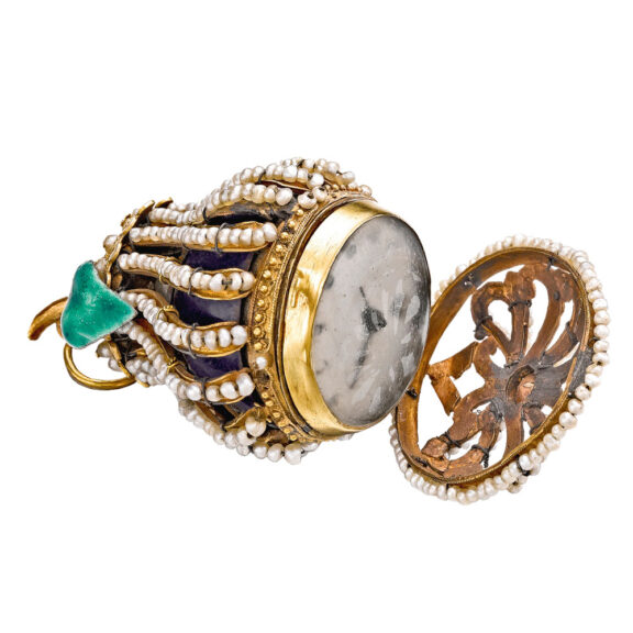 Austrian gold, enamel, pearl set pear form watch Austrian gold, enamel, pearl set pear form watch