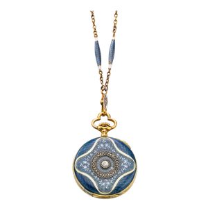 Gold, enamel and diamond set lever with chain Circa 1900
