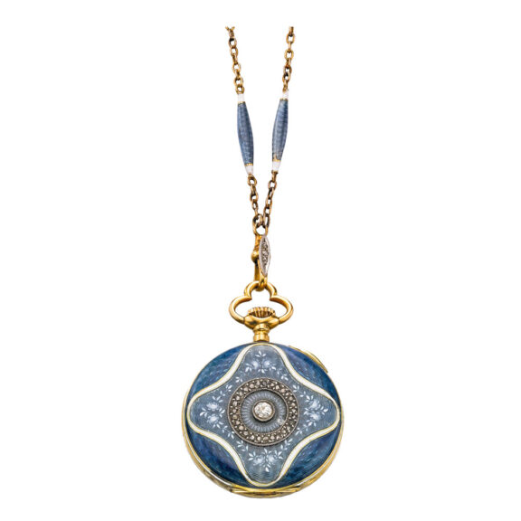 Gold, enamel and diamond set lever with chain Circa 1900