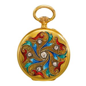 Swiss gold, enamel and diamond set cylinder Circa 1905
