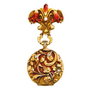 Gold, enamel, diamond set watch with brooch Circa 1900