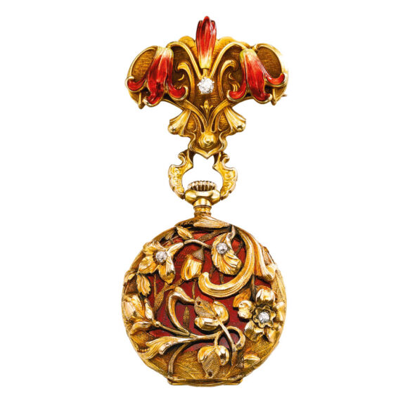 Gold, enamel, diamond set watch with brooch Circa 1900