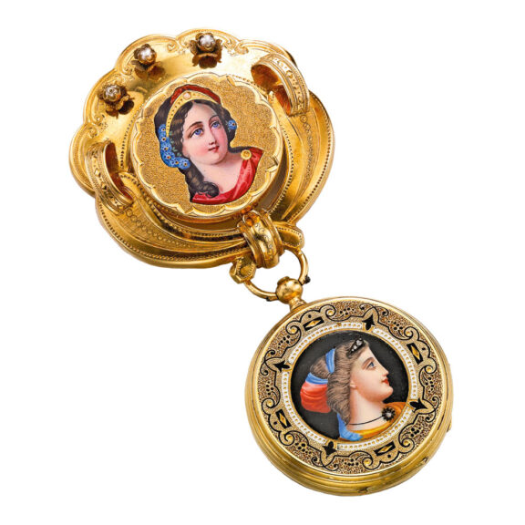 Swiss gold and enamel ladies' watch with brooch Circa 1850