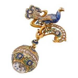 Swiss gold ball form watch with peacock motif Circa 1890