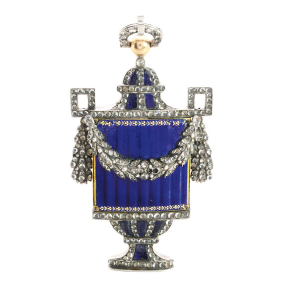 Silver, enamel and diamond set urn form watch Circa 1800 Silver, enamel and diamond set urn form watch Circa 1800