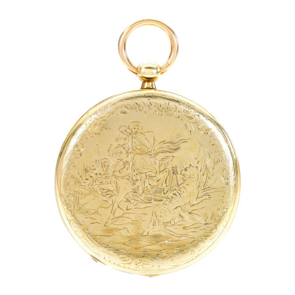 Swiss gold cylinder with tiger hunt engraving Circa 1845