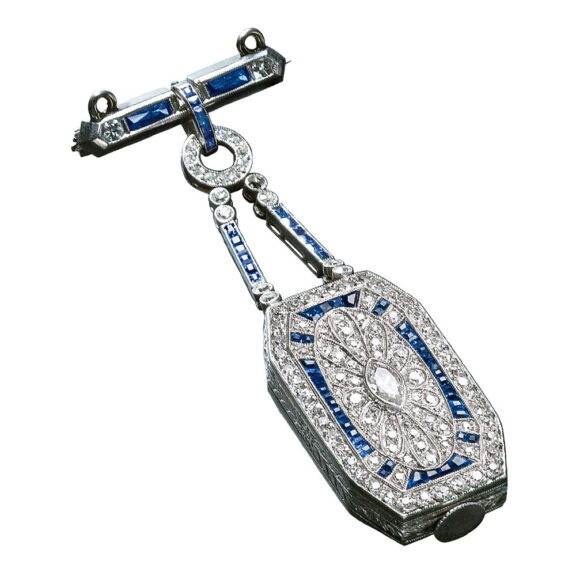 Swiss white gold, sapphire, diamond set pendant Circa 1910