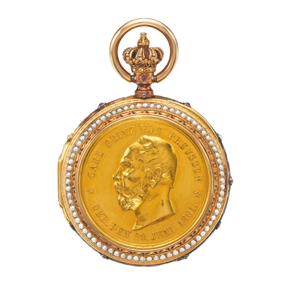 German gold, pearl set commemorative watch Circa 1881