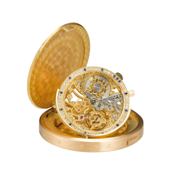 Rare gold, diamond set skeletonized coin watch Circa 1991