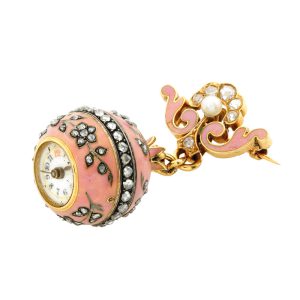 Swiss gold, enamel, diamond-set ball-form watch Circa 1900