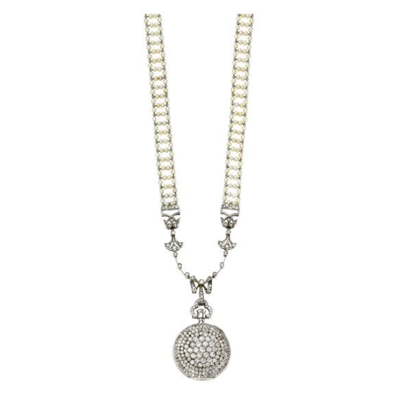 Swiss platinum, diamond/pearl set pendant watch Circa 1910