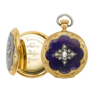 Swiss gold, enamel, diamond set open faced lever Circa 1865