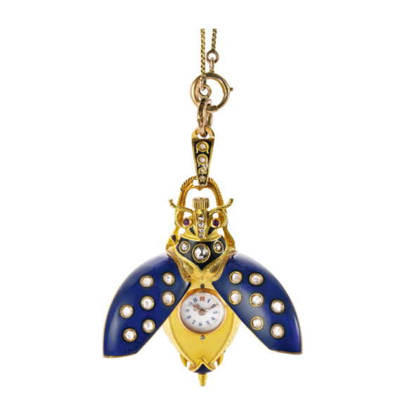 Gold, enamel. diamond set beetle pendant watch Circa 1900 Gold, enamel. diamond set beetle pendant watch Circa 1900