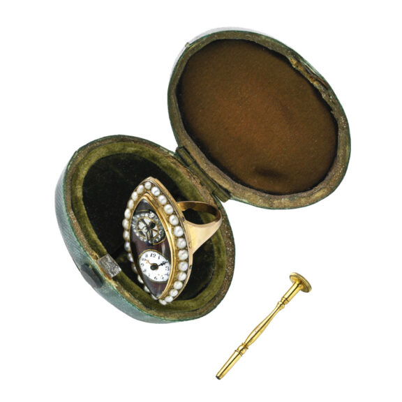Swiss gold, enamel and pearl set ring watch Circa 1810