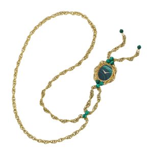 Swiss gold and malachite lever necklace watch Circa 1974